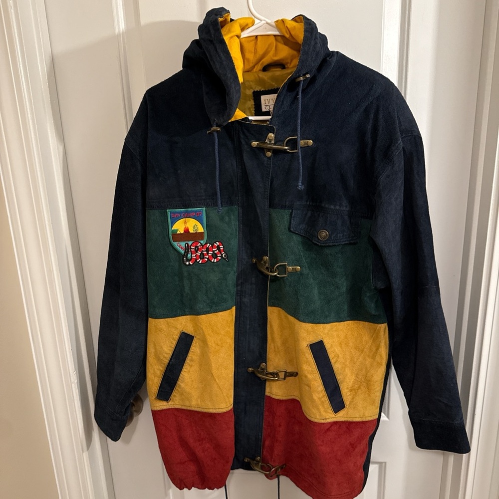 Vintage Firemen Colorblock Hooded Suede LeatherJacket